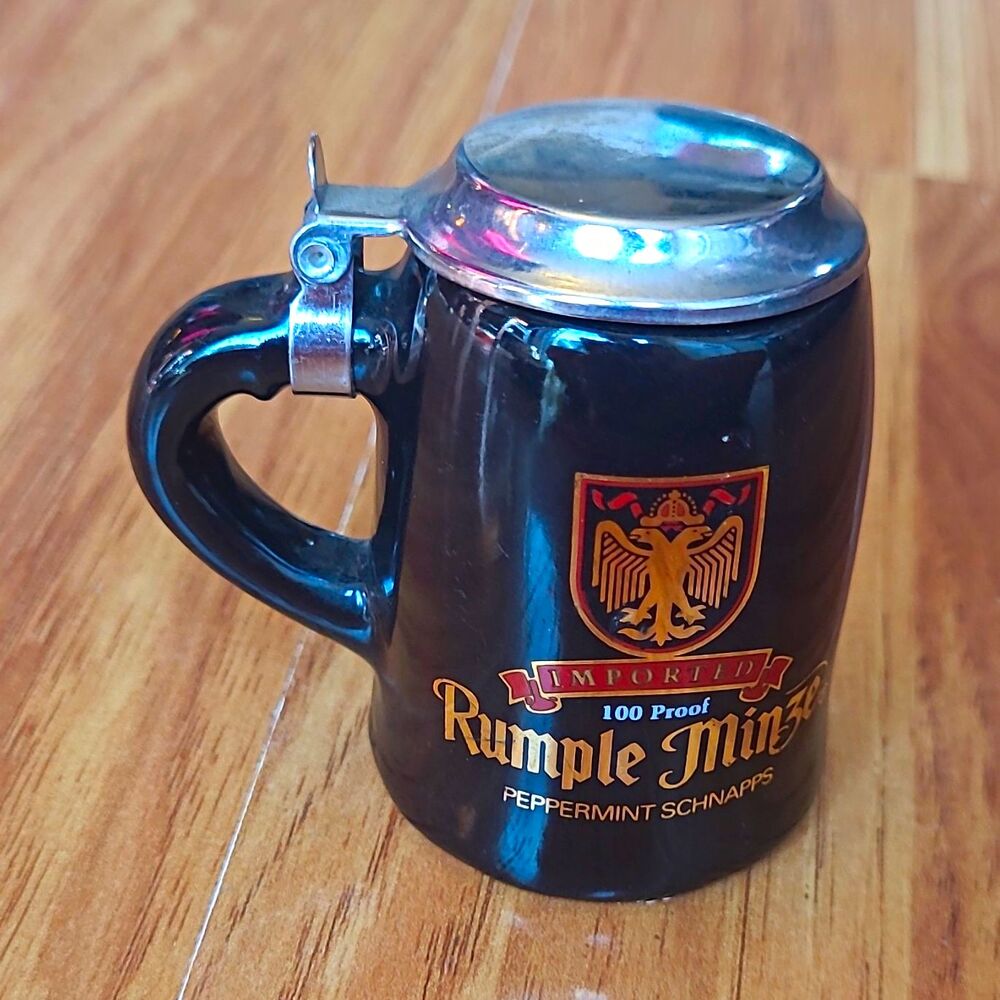 Rumple Minze Peppermint Schnapps Advertising Mini Lidded Stein Shot Glass